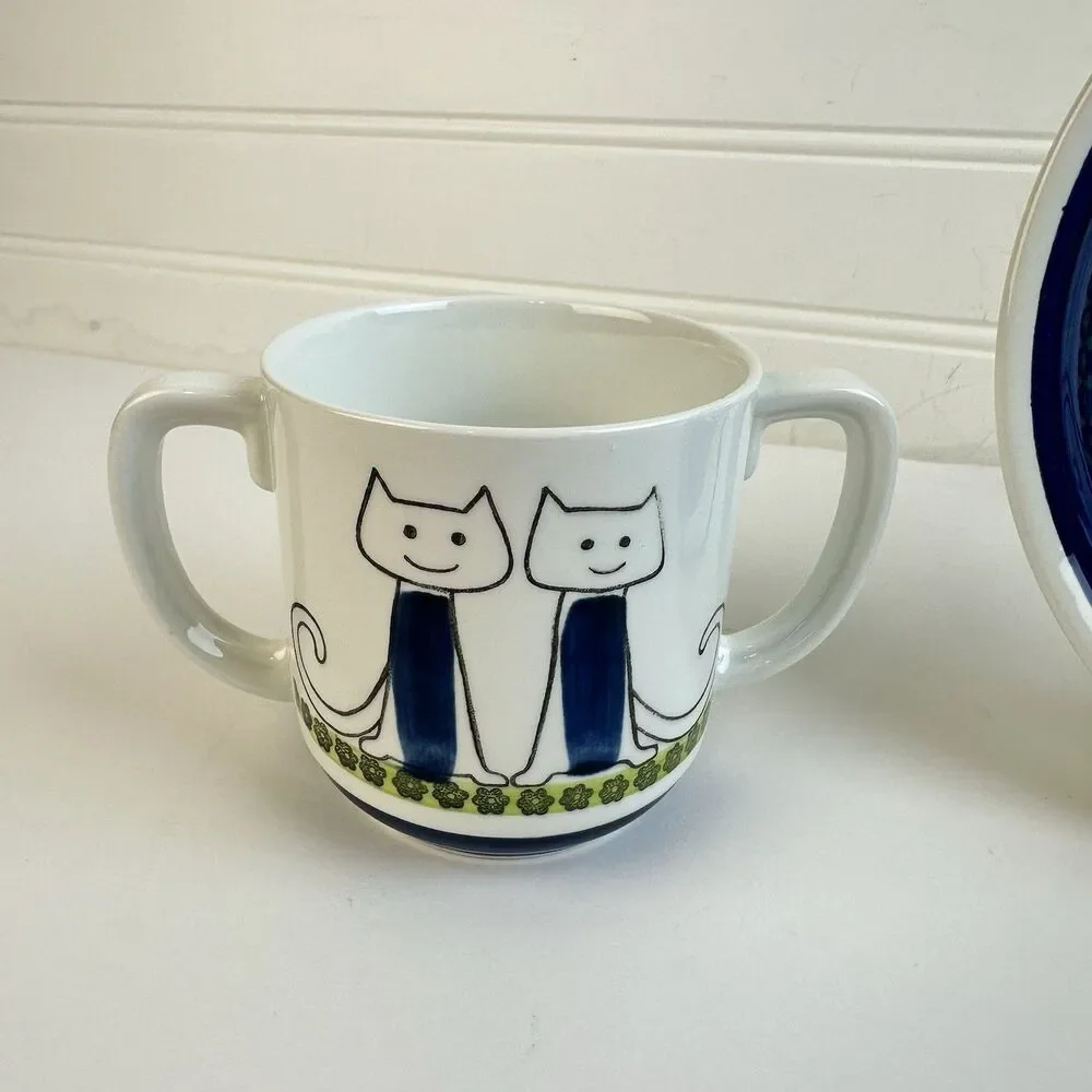 Rorstrand Sweden Laban Blue Cats Child's Bowl Plate Mug Cup Set Whimsical MCM